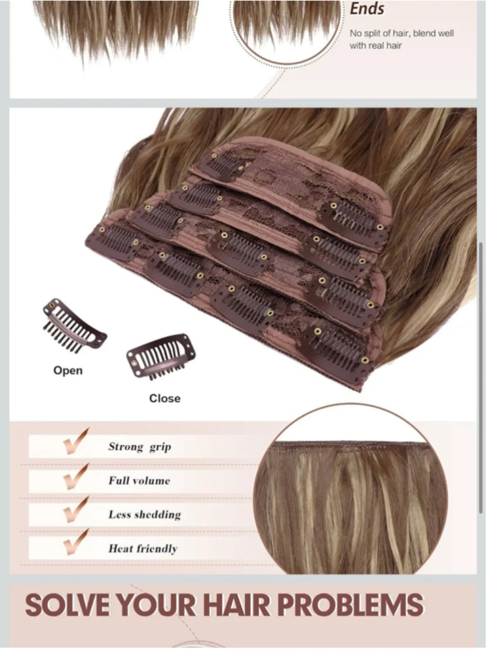 FESHFEN Clip in Hair Extensions 4 PCS Light Brown with Highlights 20”